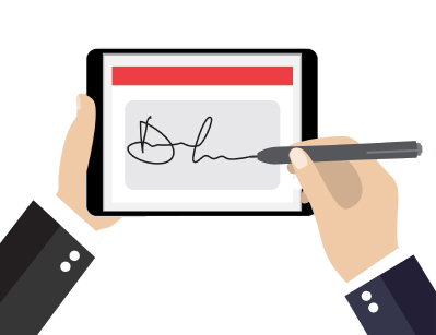 Hands holding a tablet signing a contract